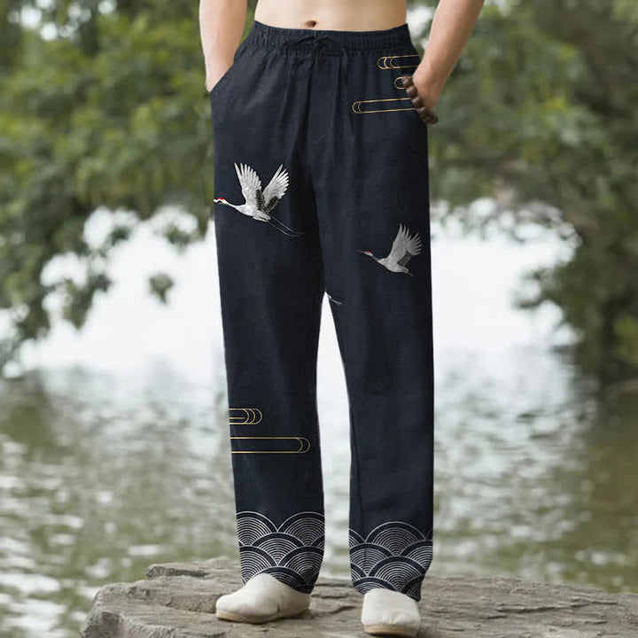 Buddha Stones Pantalon fuselé pour homme en coton blanc à motif de vagues et grues, avec poches - Marine - US/UK/AU50，EU60 (5XL) - image 0