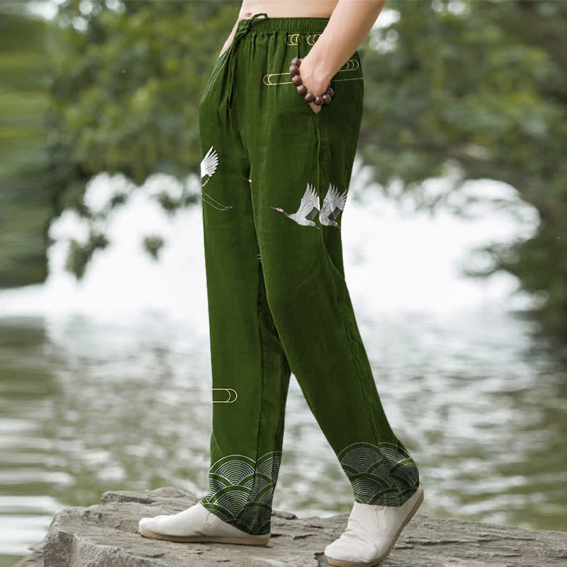 Buddha Stones Pantalon fuselé pour homme en coton blanc à motif de vagues et grues, avec poches - image 5
