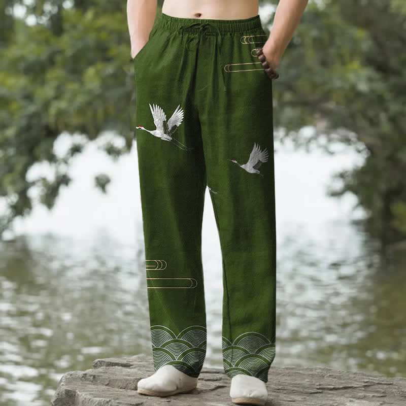 Buddha Stones Pantalon fuselé pour homme en coton blanc à motif de vagues et grues, avec poches - Vert olive - US/UK/AU50，EU60 (5XL) - image 4
