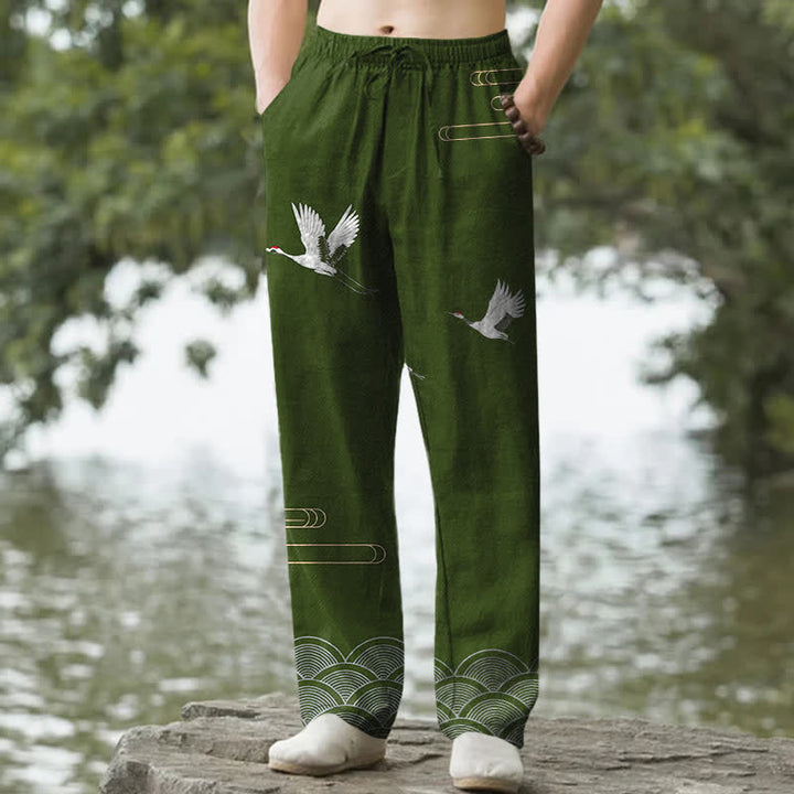 Buddha Stones Pantalon fuselé pour homme en coton blanc à motif de vagues et grues, avec poches - Vert olive - US/UK/AU50，EU60 (5XL) - image 4
