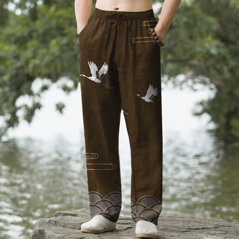 Buddha Stones Pantalon fuselé pour homme en coton blanc à motif de vagues et grues, avec poches - SaddleBrown - US/UK/AU50，EU60 (5XL) - image 6