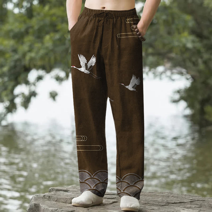 Buddha Stones Pantalon fuselé pour homme en coton blanc à motif de vagues et grues, avec poches - SaddleBrown - US/UK/AU50，EU60 (5XL) - image 6