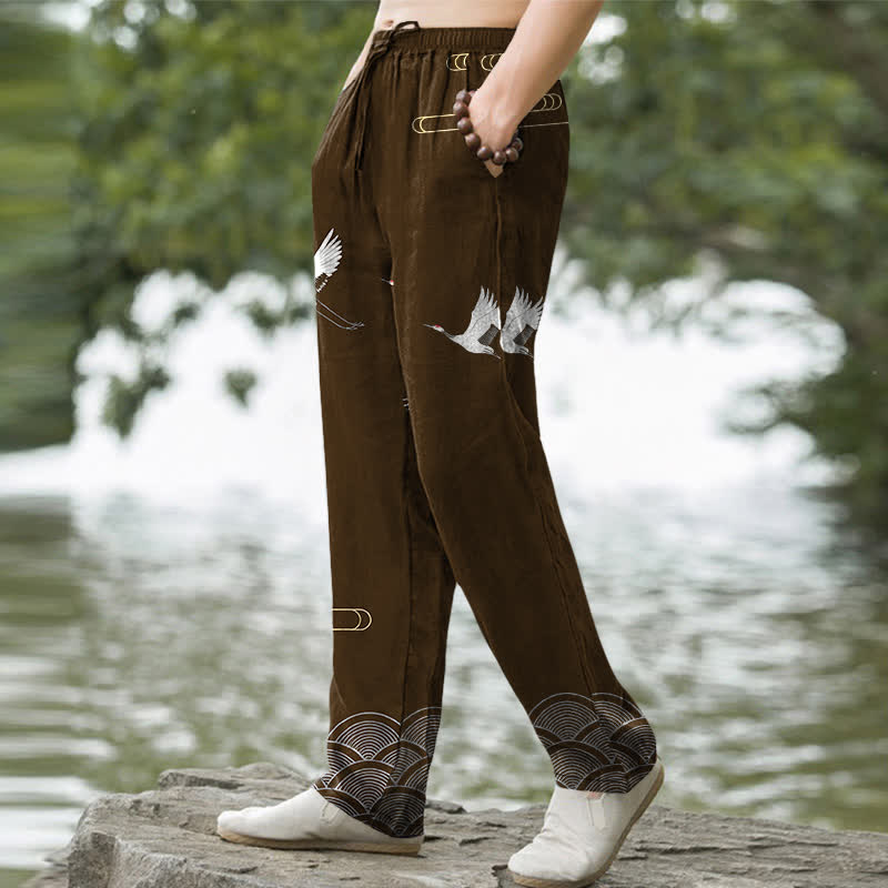 Buddha Stones Pantalon fuselé pour homme en coton blanc à motif de vagues et grues, avec poches - image 7