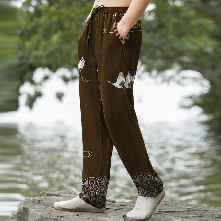 Buddha Stones Pantalon fuselé pour homme en coton blanc à motif de vagues et grues, avec poches - image 7