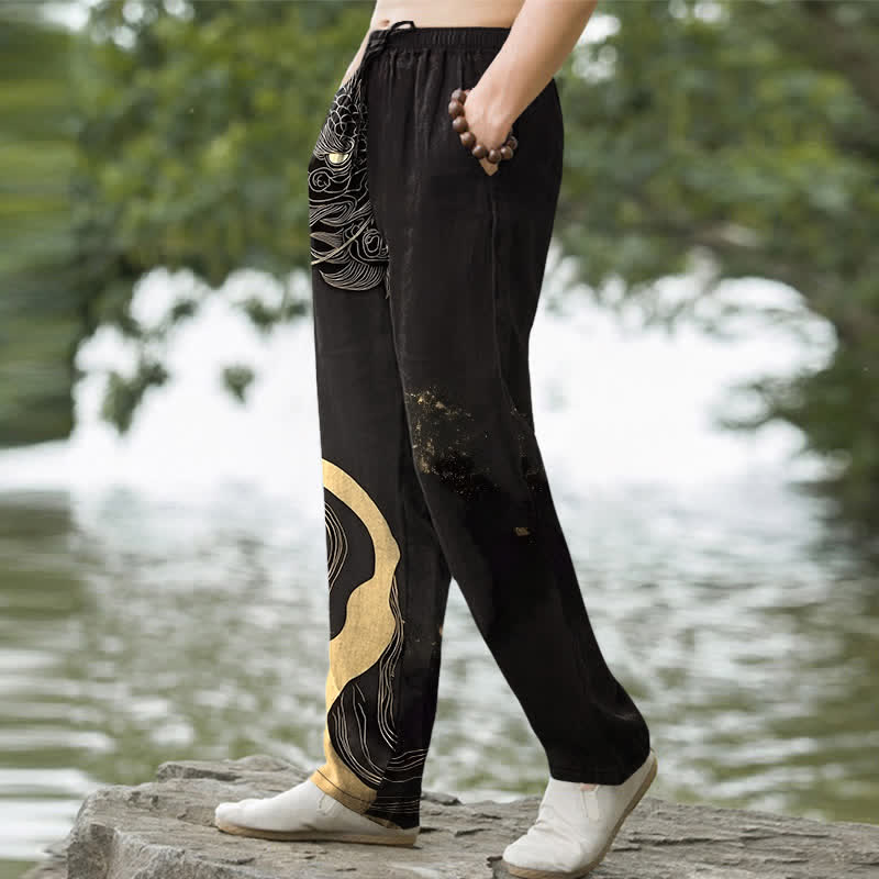 Buddha Stones Pantalon fuselé pour homme en coton à motif vague de dragon doré avec poches - image 1