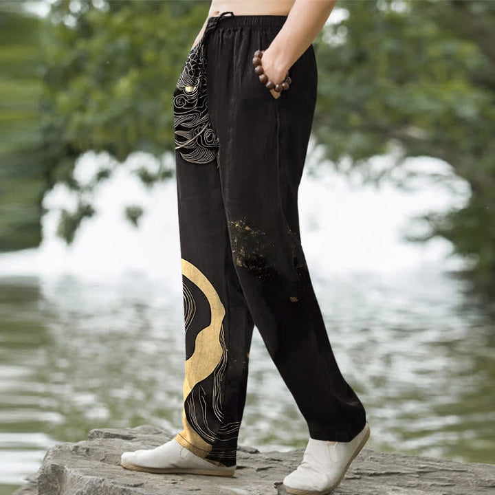 Buddha Stones Pantalon fuselé pour homme en coton à motif vague de dragon doré avec poches - image 1