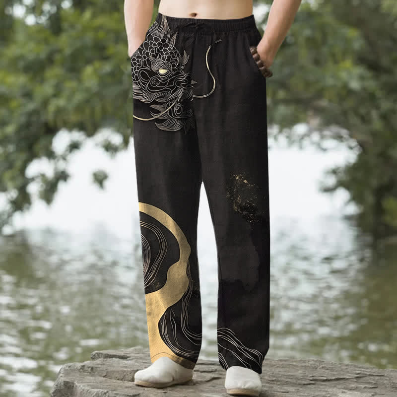 Buddha Stones Pantalon fuselé pour homme en coton à motif vague de dragon doré avec poches - Noir - US/UK/AU50，EU60 (5XL) - image 0