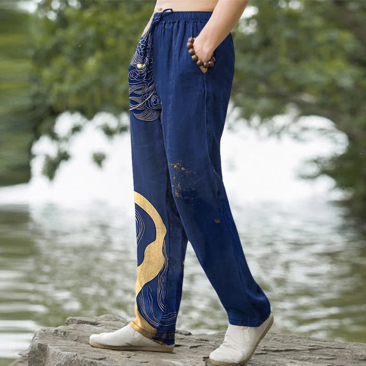 Buddha Stones Pantalon fuselé pour homme en coton à motif vague de dragon doré avec poches - image 5
