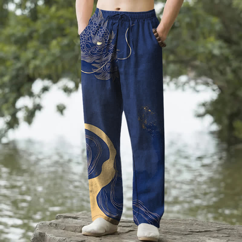 Buddha Stones Pantalon fuselé pour homme en coton à motif vague de dragon doré avec poches - Marine - US/UK/AU50，EU60 (5XL) - image 4