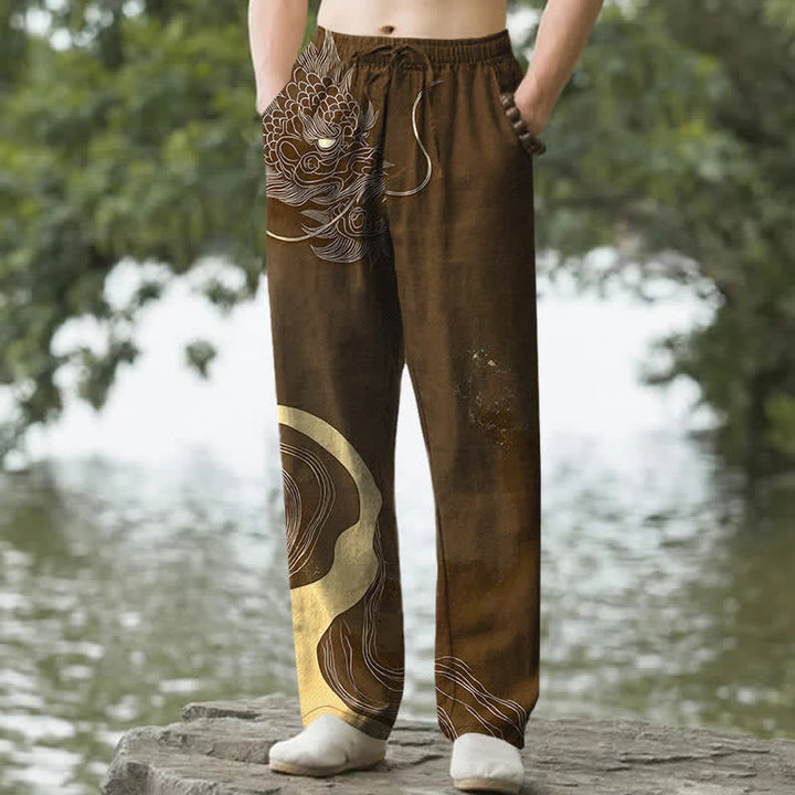 Buddha Stones Pantalon fuselé pour homme en coton à motif vague de dragon doré avec poches - SaddleBrown - US/UK/AU50，EU60 (5XL) - image 6