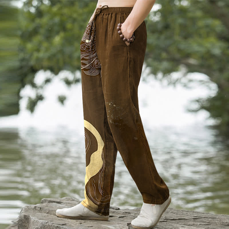 Buddha Stones Pantalon fuselé pour homme en coton à motif vague de dragon doré avec poches - image 7