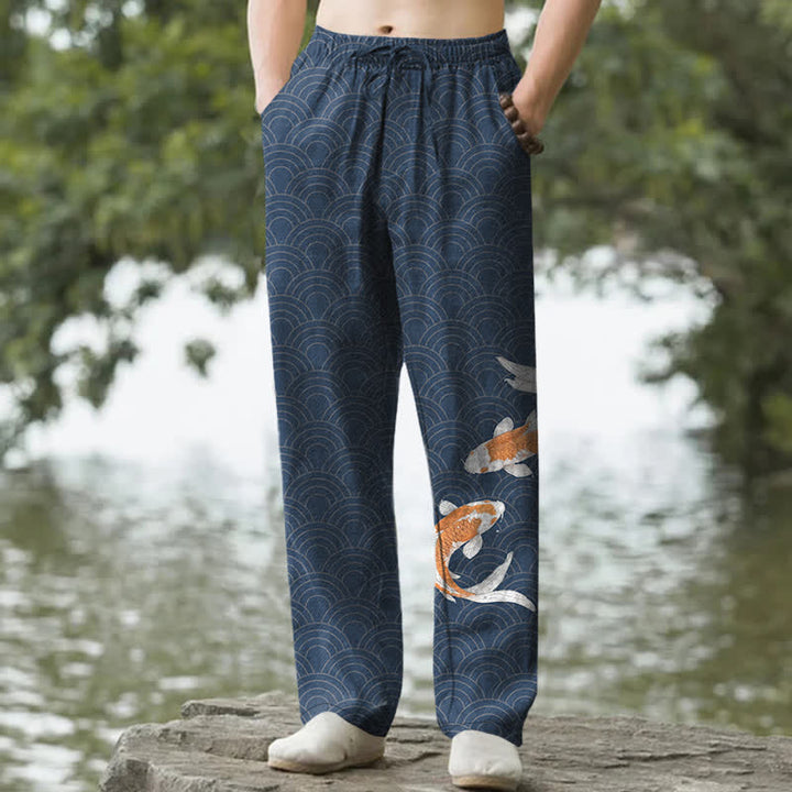 Buddha Stones Pantalon fuselé pour homme en coton à motif de vagues de carpes koï, avec poches - Marine - US/UK/AU50，EU60 (5XL) - image 0