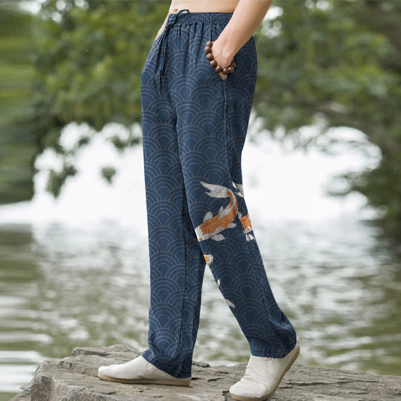 Buddha Stones Pantalon fuselé pour homme en coton à motif de vagues de carpes koï, avec poches - image 1