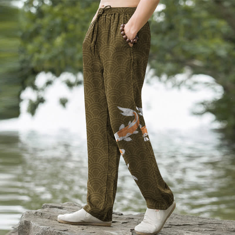 Buddha Stones Pantalon fuselé pour homme en coton à motif de vagues de carpes koï, avec poches - image 5