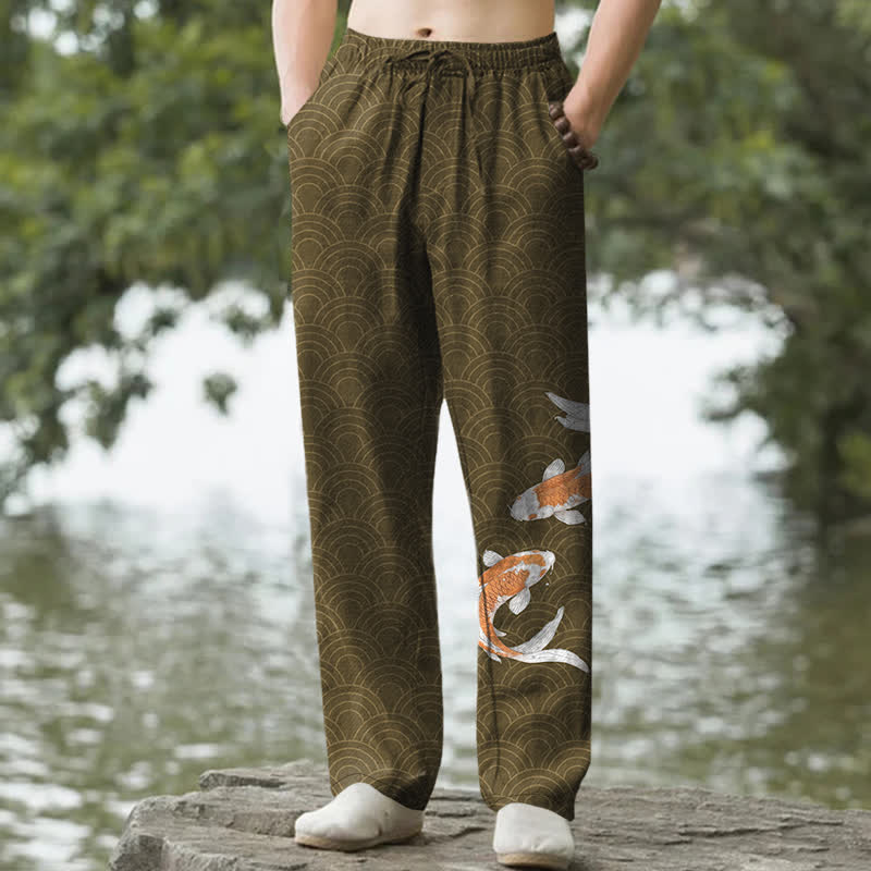 Buddha Stones Pantalon fuselé pour homme en coton à motif de vagues de carpes koï, avec poches - Olive - US/UK/AU50，EU60 (5XL) - image 4