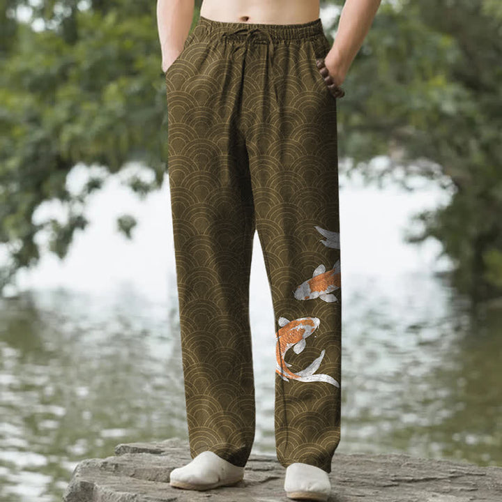 Buddha Stones Pantalon fuselé pour homme en coton à motif de vagues de carpes koï, avec poches - Olive - US/UK/AU50，EU60 (5XL) - image 4