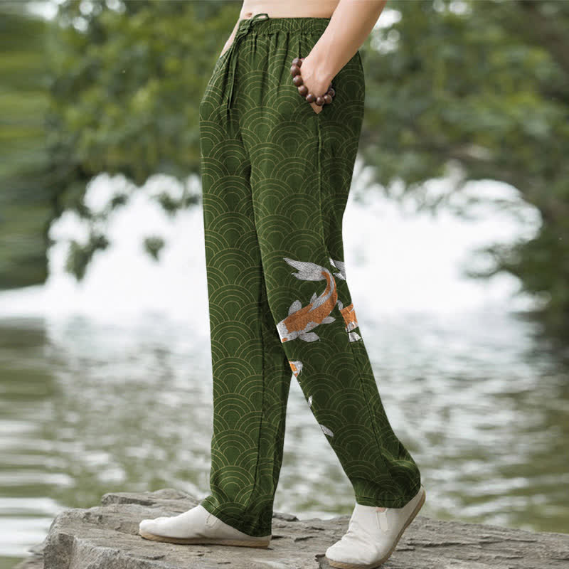 Buddha Stones Pantalon fuselé pour homme en coton à motif de vagues de carpes koï, avec poches - image 7