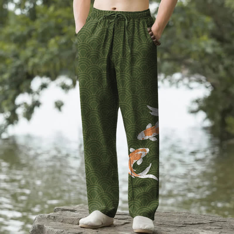 Buddha Stones Pantalon fuselé pour homme en coton à motif de vagues de carpes koï, avec poches - Vert forêt - US/UK/AU50，EU60 (5XL) - image 6