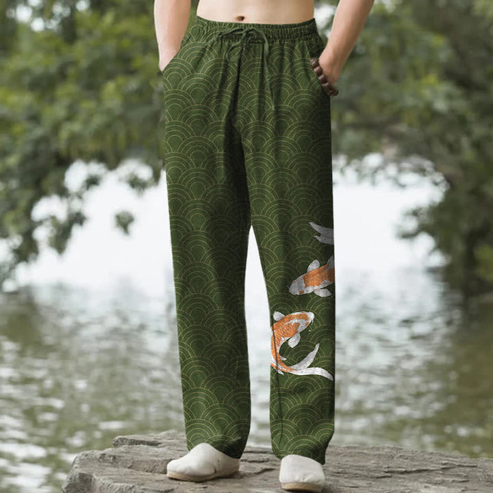 Buddha Stones Pantalon fuselé pour homme en coton à motif de vagues de carpes koï, avec poches - Vert forêt - US/UK/AU50，EU60 (5XL) - image 6