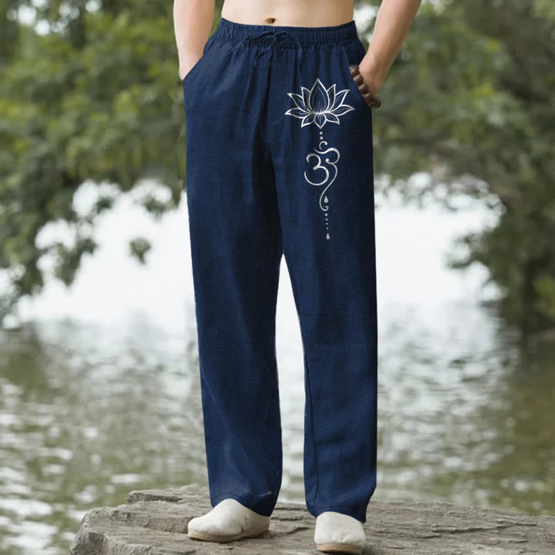 Buddha Stones Pantalon fuselé pour homme en coton à motif lotus Om avec poches - Marine - US/UK/AU50，EU60 (5XL) - image 0
