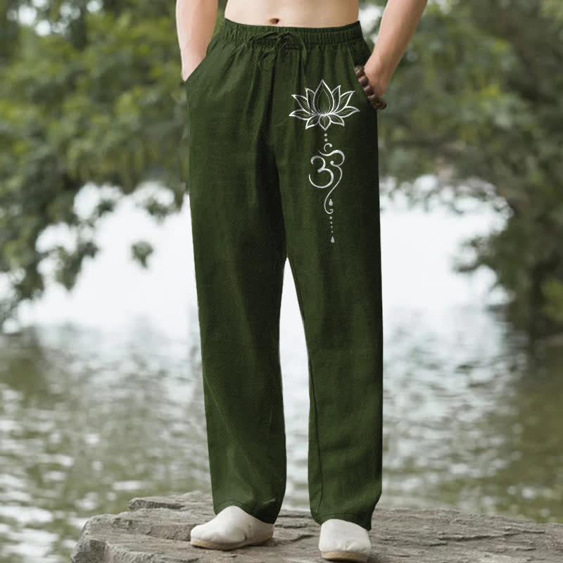 Buddha Stones Pantalon fuselé pour homme en coton à motif lotus Om avec poches - Vert olive foncé - US/UK/AU50，EU60 (5XL) - image 4
