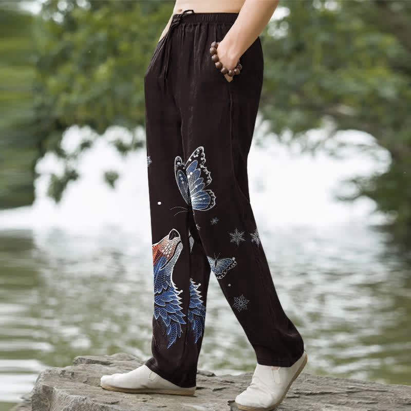 Buddha Stones Pantalon fuselé pour homme en coton à motif papillon et renard, avec poches - image 1