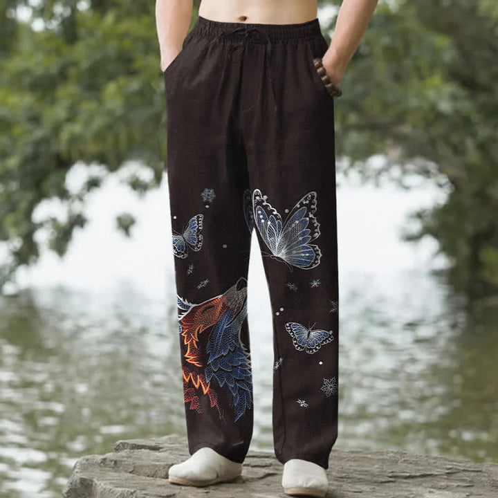 Buddha Stones Pantalon fuselé pour homme en coton à motif papillon et renard, avec poches - Brun - US/UK/AU50，EU60 (5XL) - image 0