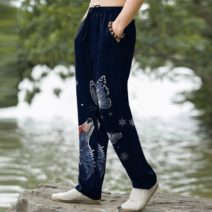 Buddha Stones Pantalon fuselé pour homme en coton à motif papillon et renard, avec poches - image 5