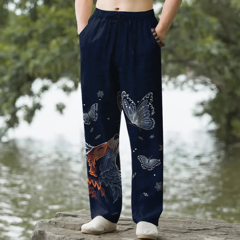 Buddha Stones Pantalon fuselé pour homme en coton à motif papillon et renard, avec poches - Marine - US/UK/AU50，EU60 (5XL) - image 4