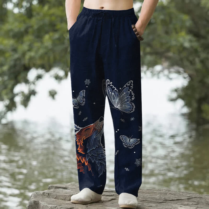Buddha Stones Pantalon fuselé pour homme en coton à motif papillon et renard, avec poches - Marine - US/UK/AU50，EU60 (5XL) - image 4