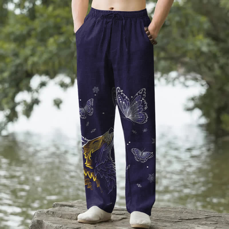 Buddha Stones Pantalon fuselé pour homme en coton à motif papillon et renard, avec poches - Bleu nuit - US/UK/AU50，EU60 (5XL) - image 6