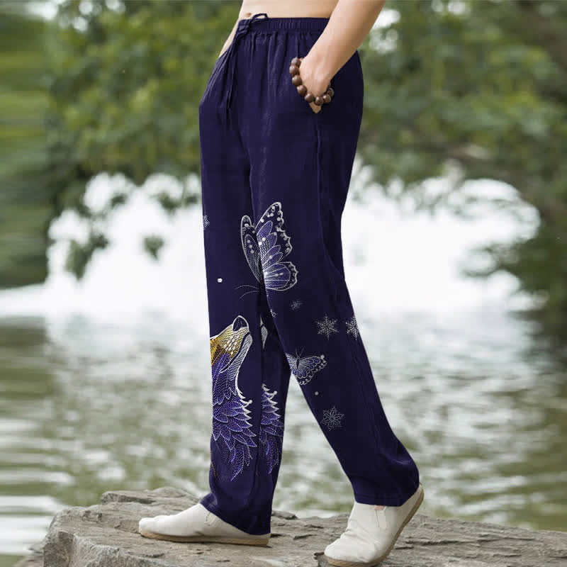 Buddha Stones Pantalon fuselé pour homme en coton à motif papillon et renard, avec poches - image 7