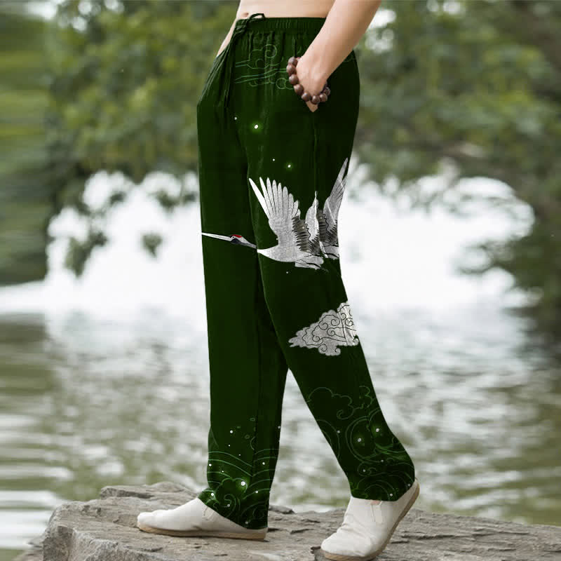 Buddha Stones Pantalon fuselé pour homme en coton à motif de grues blanches volantes et de vagues blanches, avec poches - image 1