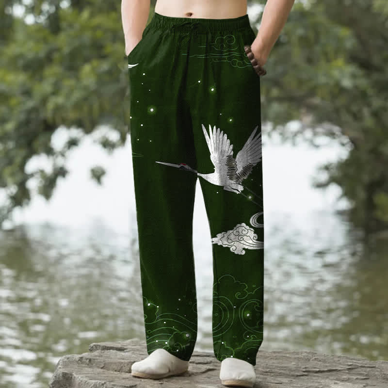 Buddha Stones Pantalon fuselé pour homme en coton à motif de grues blanches volantes et de vagues blanches, avec poches - Vert foncé - US/UK/AU50，EU60 (5XL) - image 0