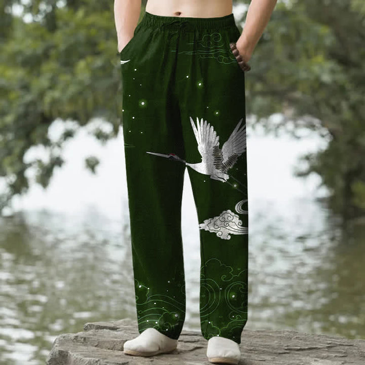 Buddha Stones Pantalon fuselé pour homme en coton à motif de grues blanches volantes et de vagues blanches, avec poches - Vert foncé - US/UK/AU50，EU60 (5XL) - image 0