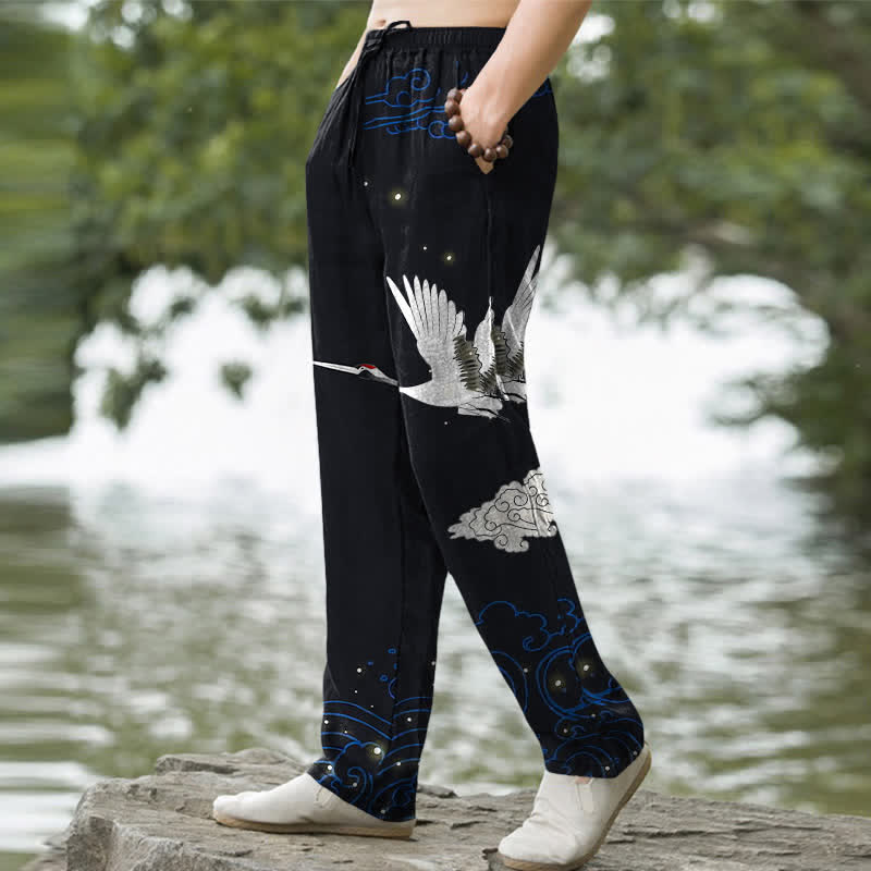 Buddha Stones Pantalon fuselé pour homme en coton à motif de grues blanches volantes et de vagues blanches, avec poches - image 5