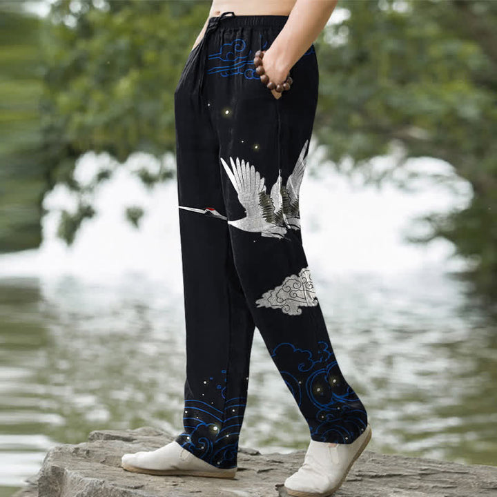 Buddha Stones Pantalon fuselé pour homme en coton à motif de grues blanches volantes et de vagues blanches, avec poches - image 5