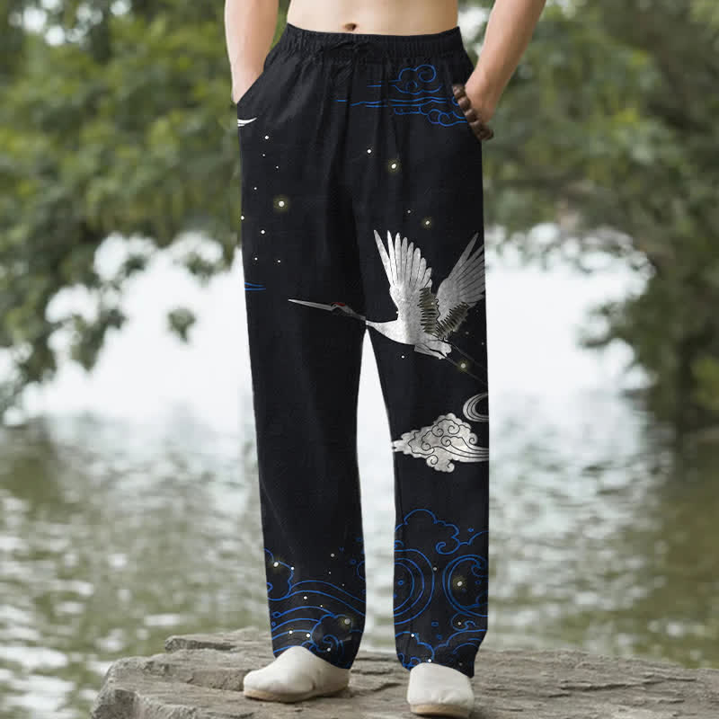 Buddha Stones Pantalon fuselé pour homme en coton à motif de grues blanches volantes et de vagues blanches, avec poches - Noir - US/UK/AU50，EU60 (5XL) - image 4