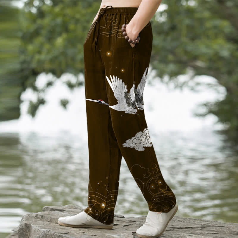 Buddha Stones Pantalon fuselé pour homme en coton à motif de grues blanches volantes et de vagues blanches, avec poches - image 7
