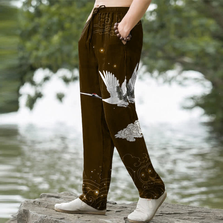 Buddha Stones Pantalon fuselé pour homme en coton à motif de grues blanches volantes et de vagues blanches, avec poches - image 7