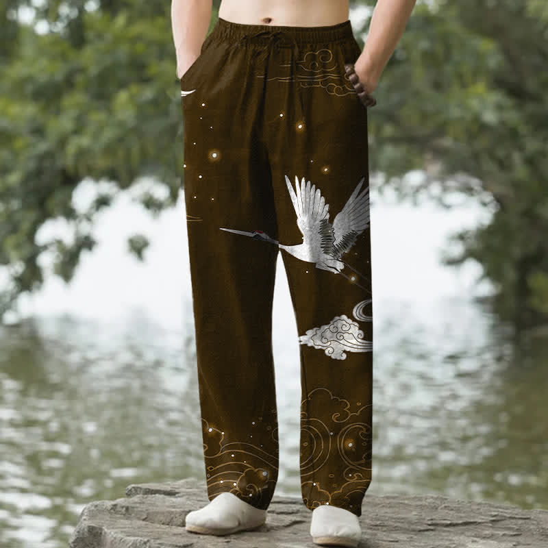 Buddha Stones Pantalon fuselé pour homme en coton à motif de grues blanches volantes et de vagues blanches, avec poches - SaddleBrown - US/UK/AU50，EU60 (5XL) - image 6