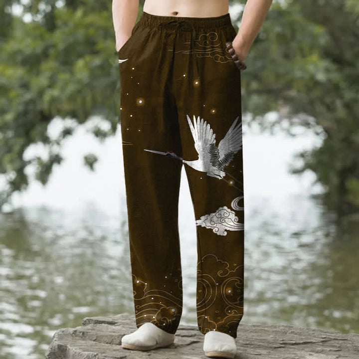 Buddha Stones Pantalon fuselé pour homme en coton à motif de grues blanches volantes et de vagues blanches, avec poches - SaddleBrown - US/UK/AU50，EU60 (5XL) - image 6