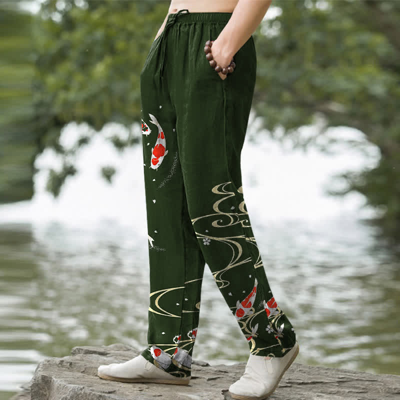 Buddha Stones Pantalon fuselé pour homme en coton rouge et blanc à motif de carpes koï et ondulations d'eau, avec poches - image 1