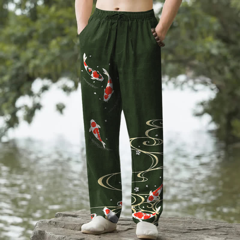 Buddha Stones Pantalon fuselé pour homme en coton rouge et blanc à motif de carpes koï et ondulations d'eau, avec poches - Vert foncé - US/UK/AU50，EU60 (5XL) - image 0