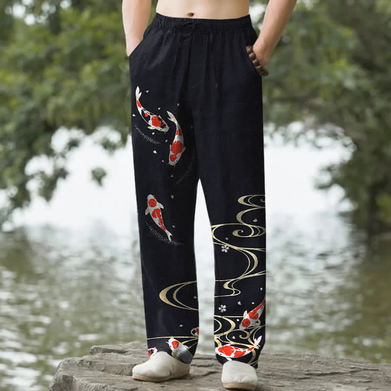 Buddha Stones Pantalon fuselé pour homme en coton rouge et blanc à motif de carpes koï et ondulations d'eau, avec poches - Noir - US/UK/AU50，EU60 (5XL) - image 4