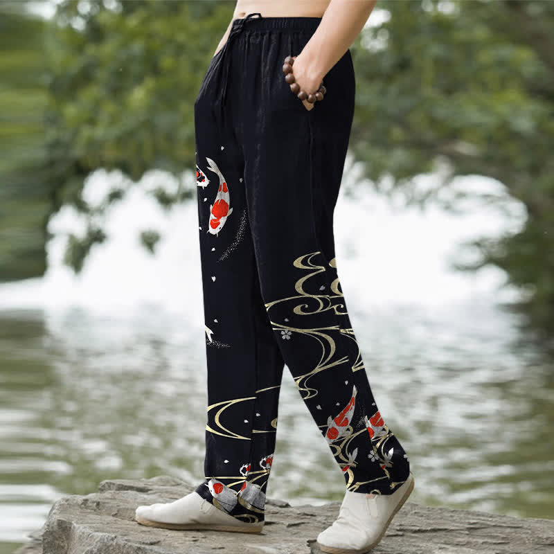 Buddha Stones Pantalon fuselé pour homme en coton rouge et blanc à motif de carpes koï et ondulations d'eau, avec poches - image 5