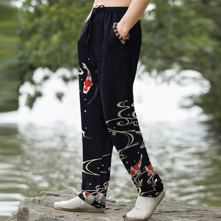 Buddha Stones Pantalon fuselé pour homme en coton rouge et blanc à motif de carpes koï et ondulations d'eau, avec poches - image 5