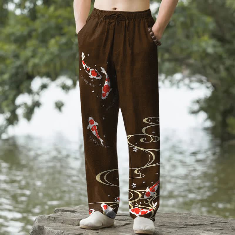 Buddha Stones Pantalon fuselé pour homme en coton rouge et blanc à motif de carpes koï et ondulations d'eau, avec poches - SaddleBrown - US/UK/AU50，EU60 (5XL) - image 6