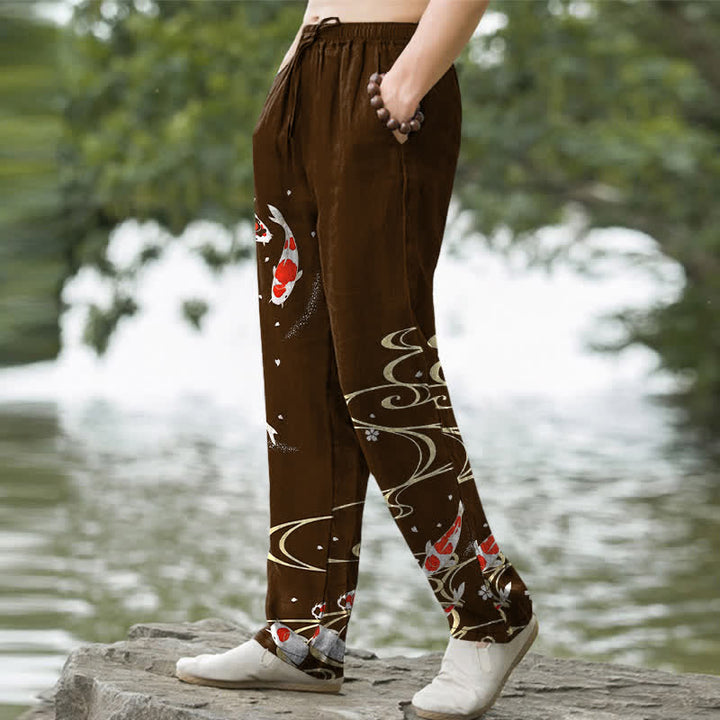Buddha Stones Pantalon fuselé pour homme en coton rouge et blanc à motif de carpes koï et ondulations d'eau, avec poches - image 7