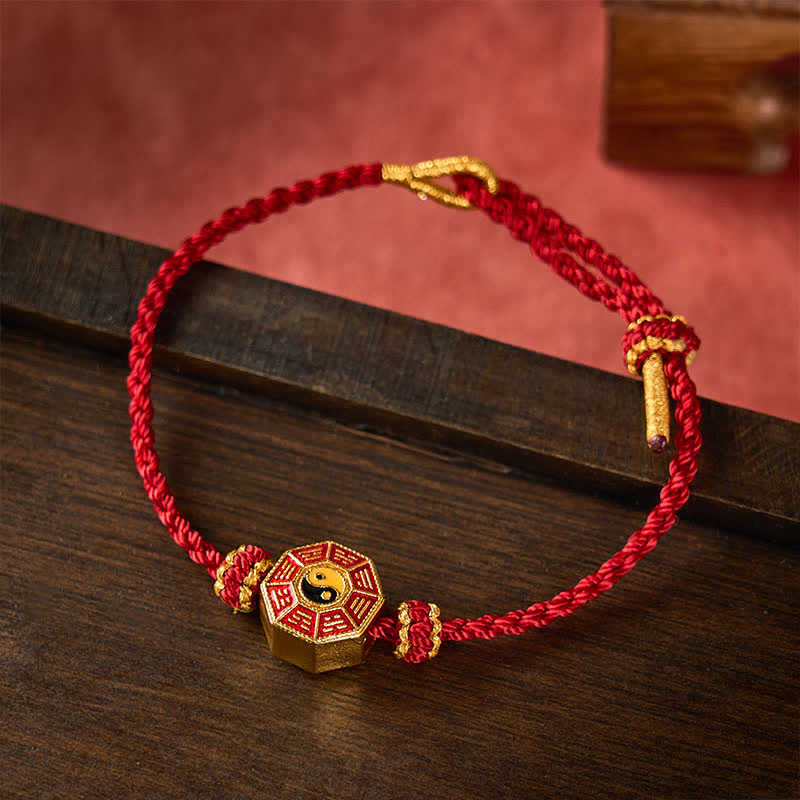 Buddha Stones Bracelet Bagua chinois de protection pour pièces de monnaie, tressé en fil rouge et ajustable - Rouge vin - image 0